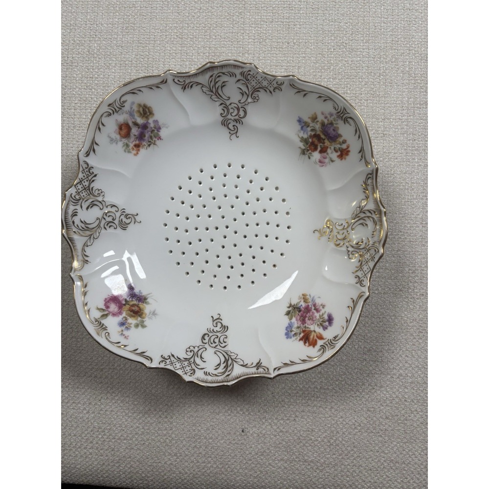 Antique Saxe Porcelain Berry Bowl Strainer Colander Footed Floral Gold
